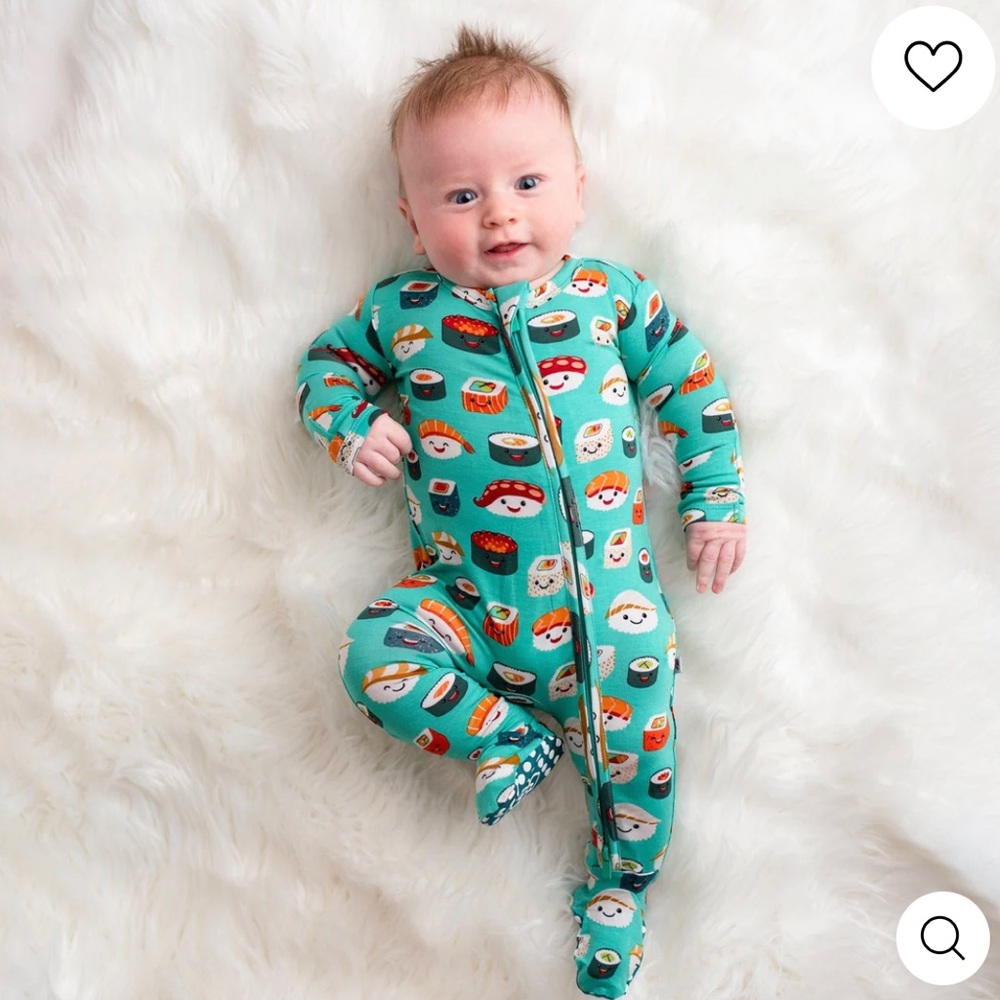 Bums & Roses sushi footie bamboo pajamas in size 9-12 months